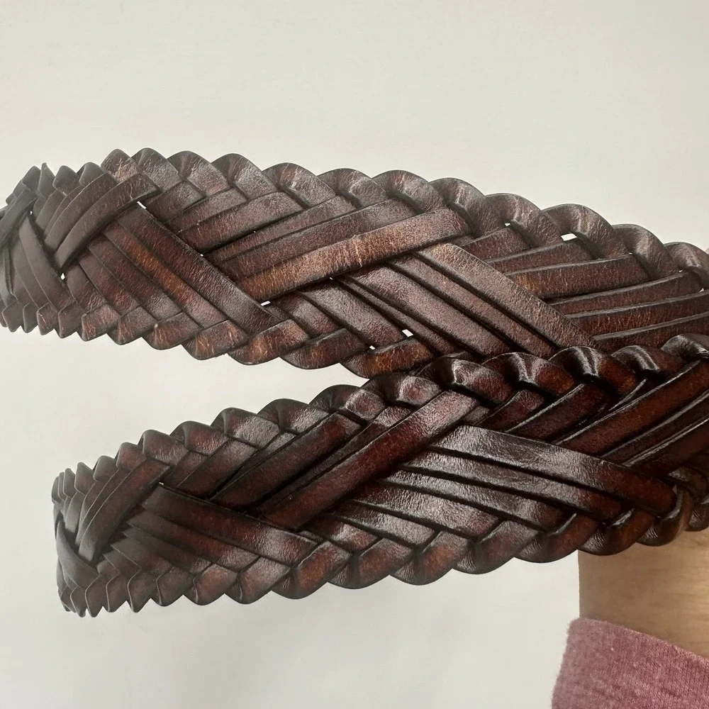 Genuine Leather L Braided Leather Belt Brown Boho Western Urban Cowgirl Brass 44